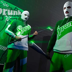 Personaje de GTA Online con un conjunto deportivo verde brillante con logotipos de Sprunk, posando frente a una máquina expendedora de la misma marca.