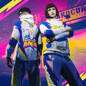 Disfraz del superhéroe Impotent Rage que consiste en una sudadera con capucha azul brillante y pantalones a juego, decorados con detalles en amarillo y la marca característica del personaje.